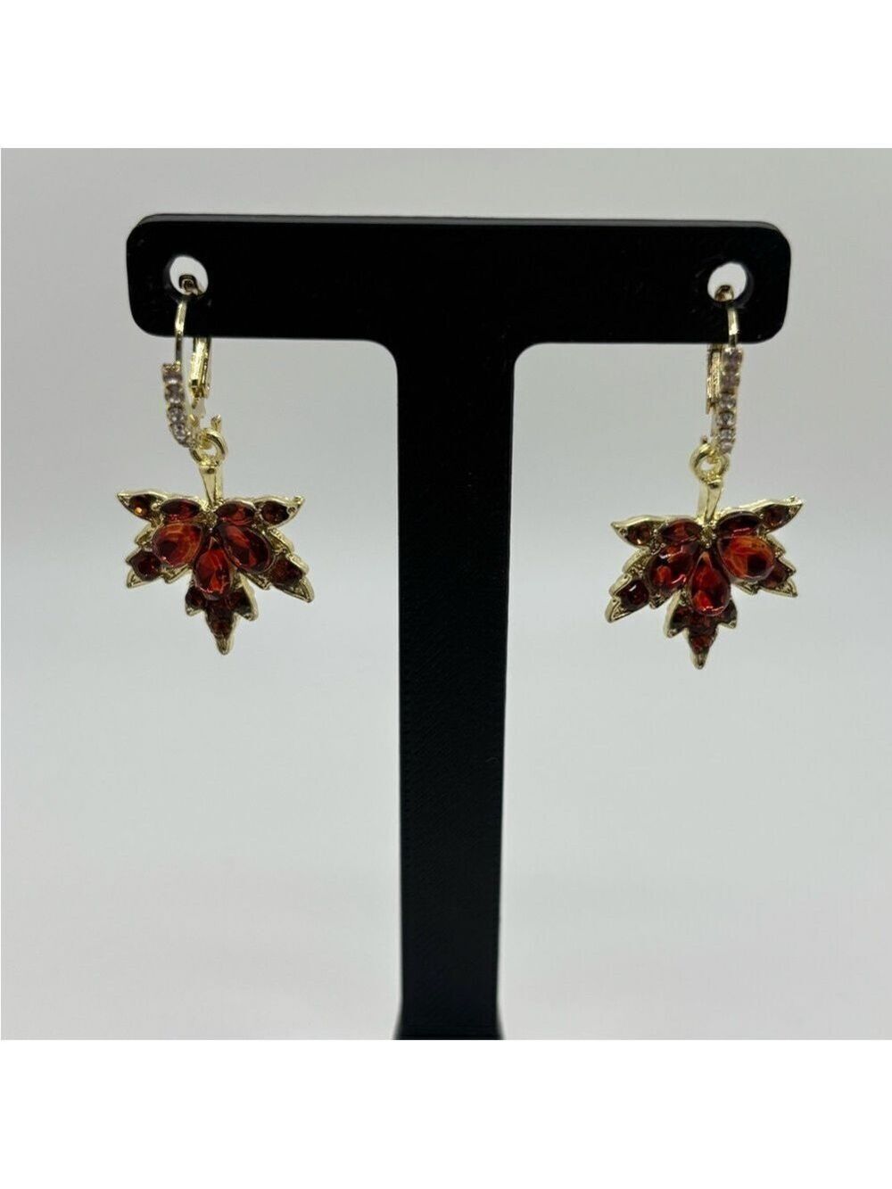 Elegant Gold and Red Leaf Earrings - Picture 2 of 4